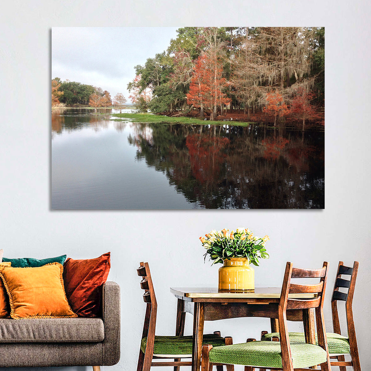 Autumn Lake Reflection Wall Art in a room, landscape