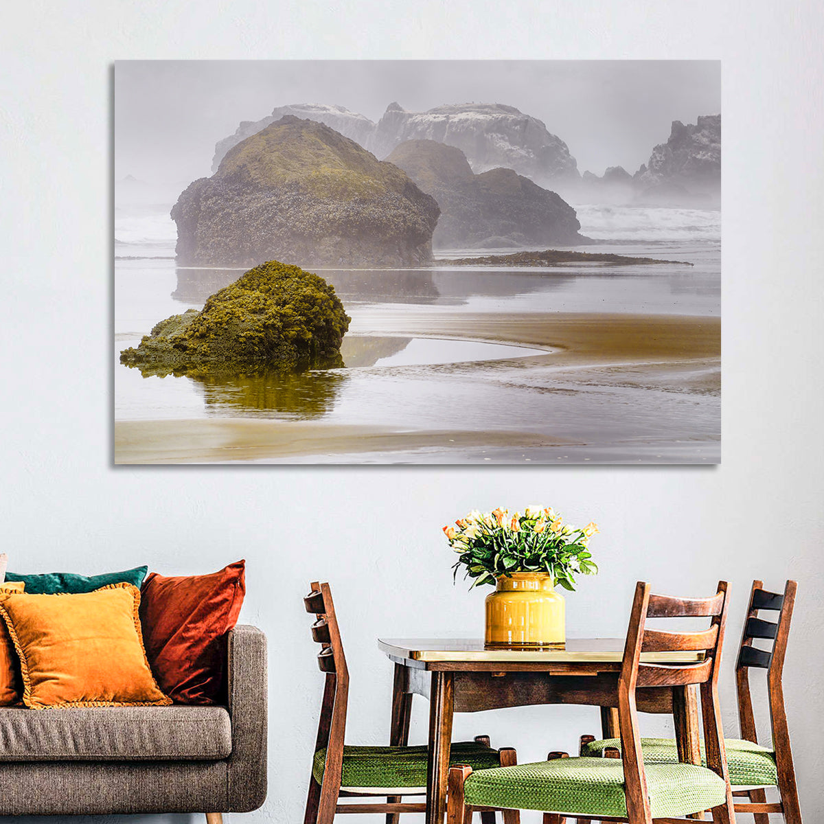 Misty Oregon Sea Stacks Wall Art in a room, landscape