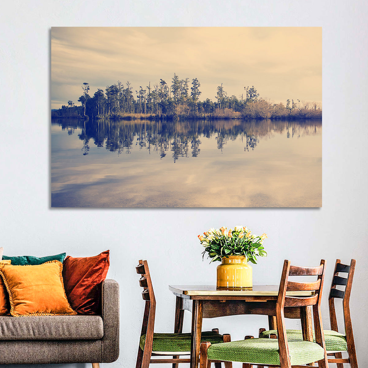 Sunset Over Forest Lake Wall Art in a room, landscape