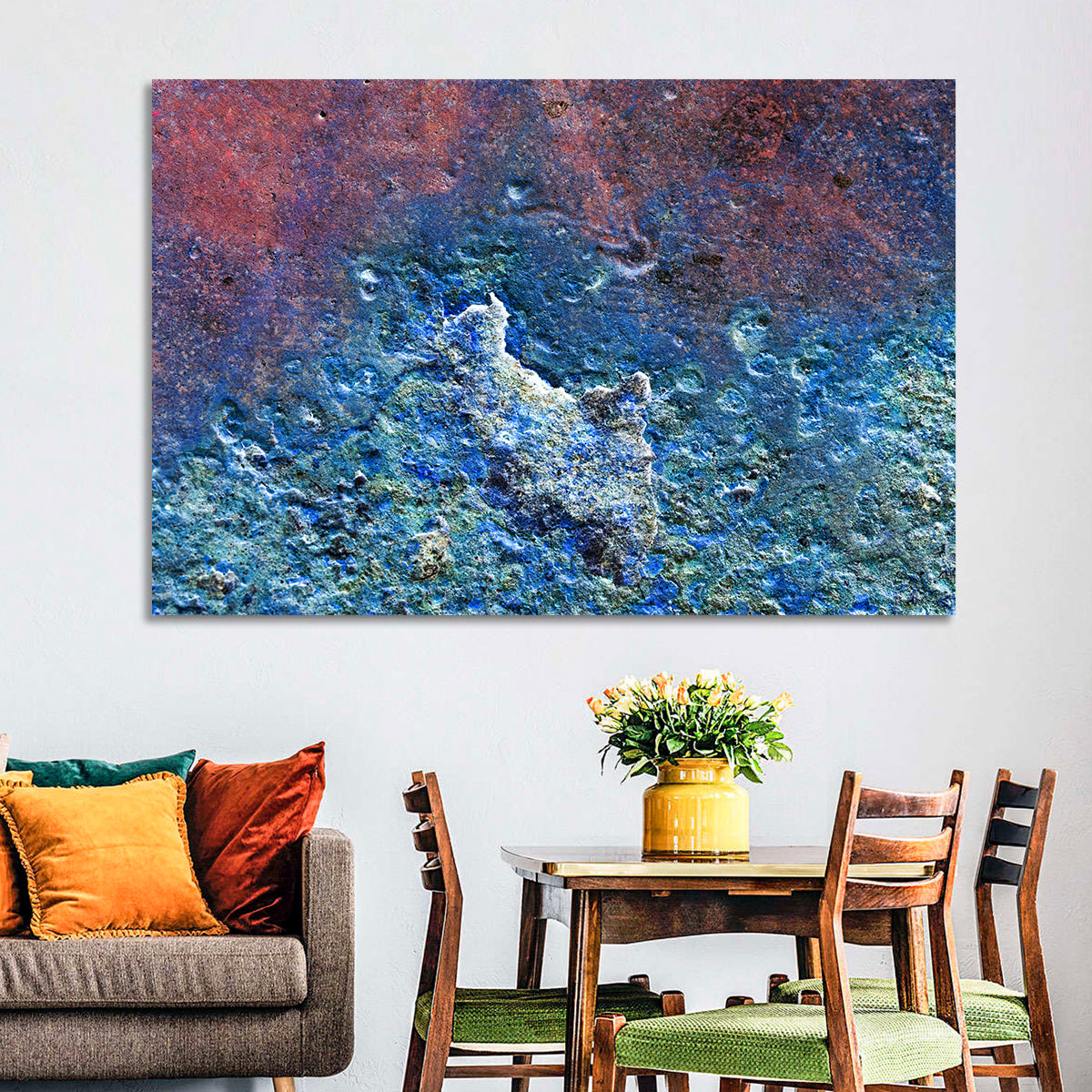 Weathered Metal Abstract Wall Art in a room, landscape
