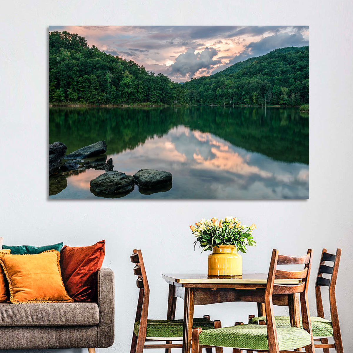 Martins Fork Lake Sunset Wall Art in a room, landscape
