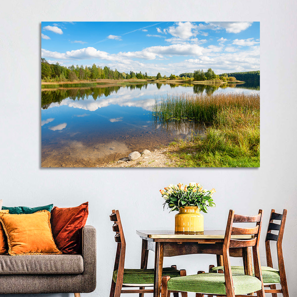 Paunkula Lake Reflections Wall Art in a room, landscape