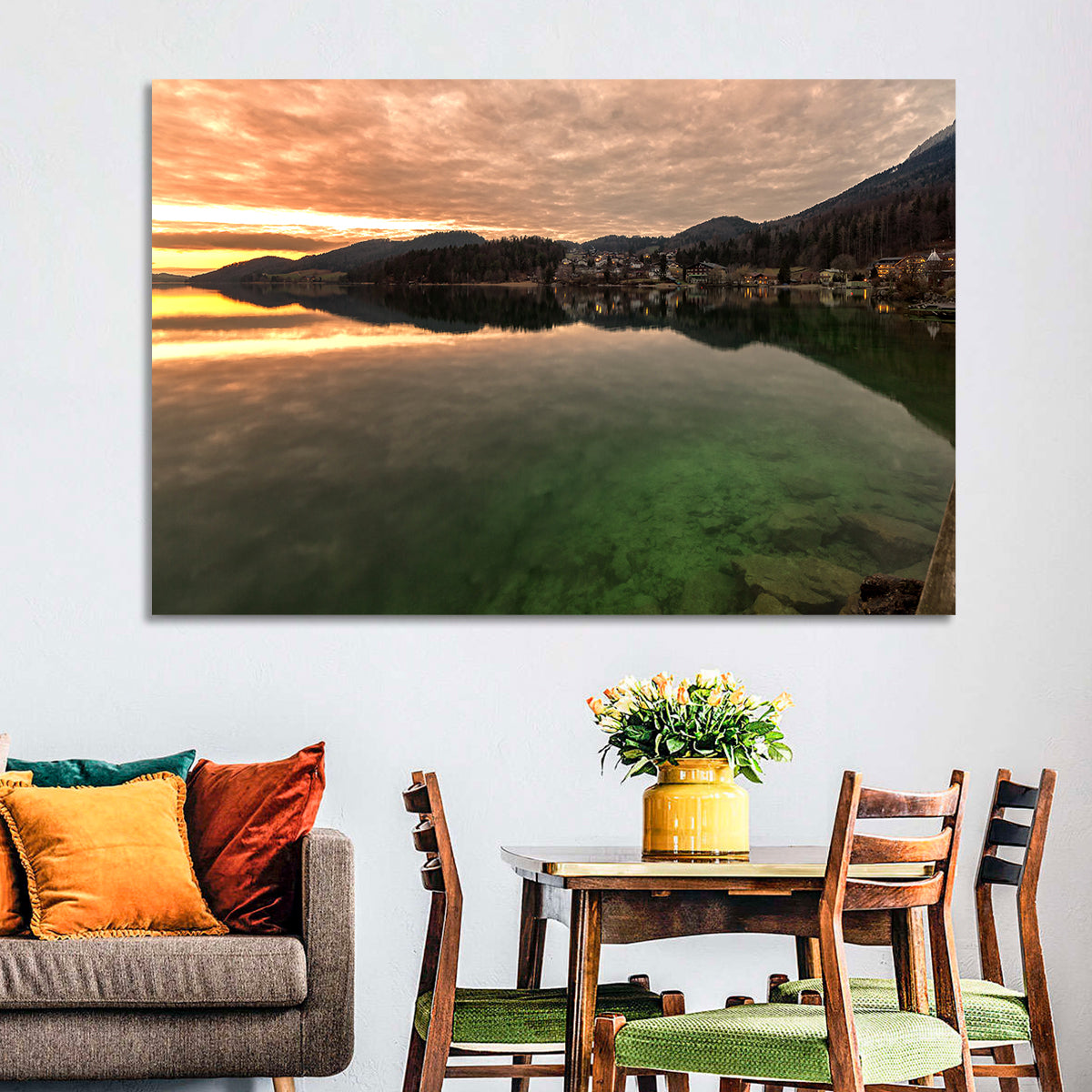 Fuschlsee Pier at Sunset Wall Art in a room, landscape