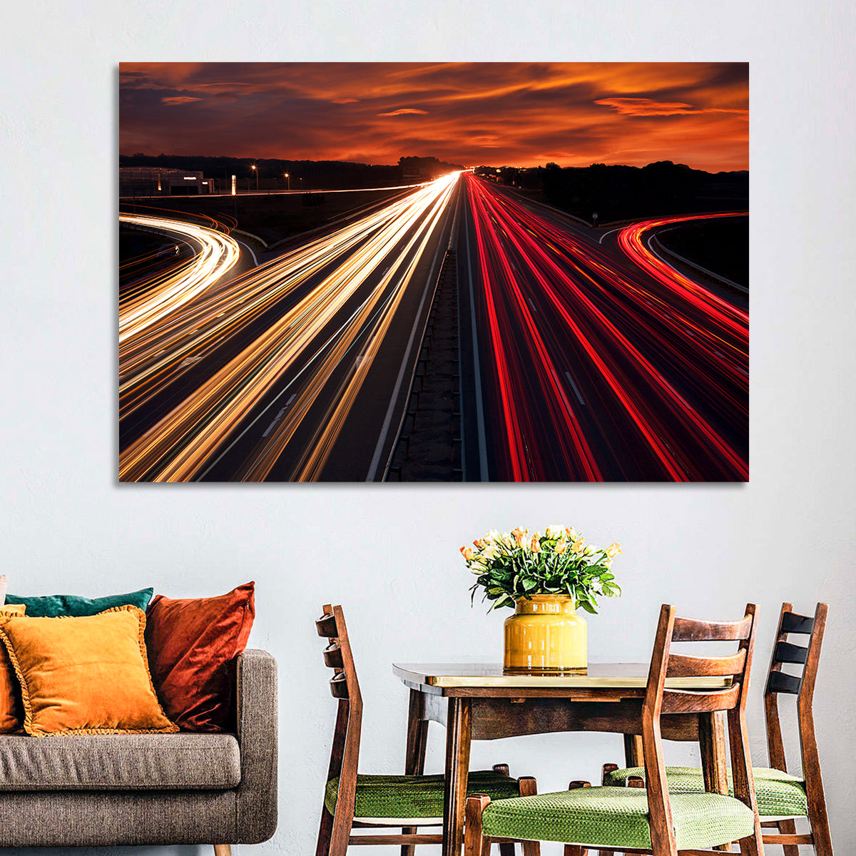 Sunset Highway Light Trails Wall Art in a room, landscape