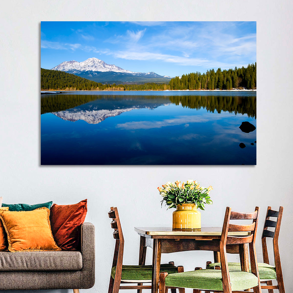 Northern California Snow Capped Lake Wall Art in a room, landscape