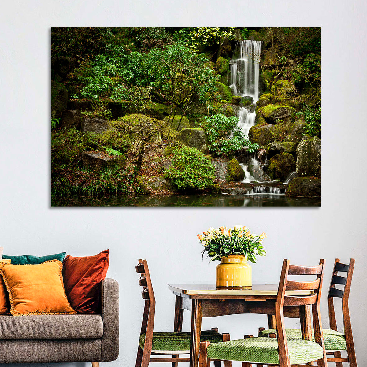 Secluded Mossy Waterfall Wall Art in a room, landscape