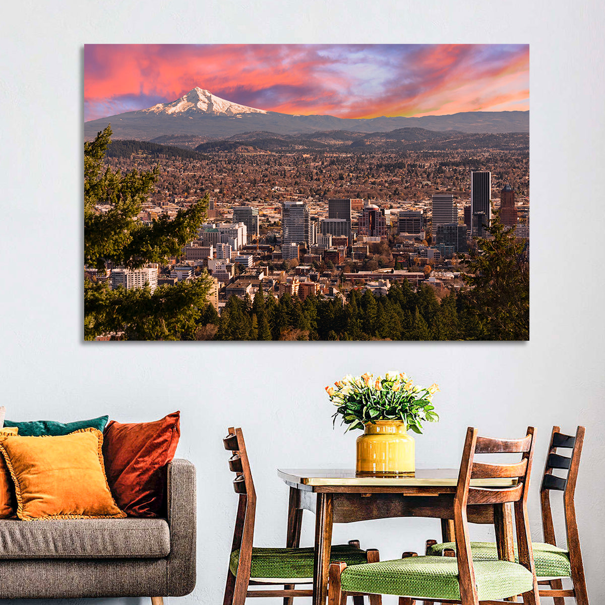 Portland Skyline at Sunset Wall Art in a room, landscape
