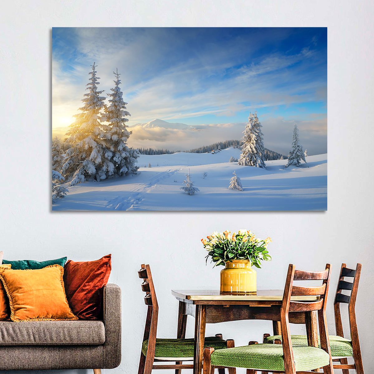 Carpathian Winter Sunrise Wall Art in a room, landscape