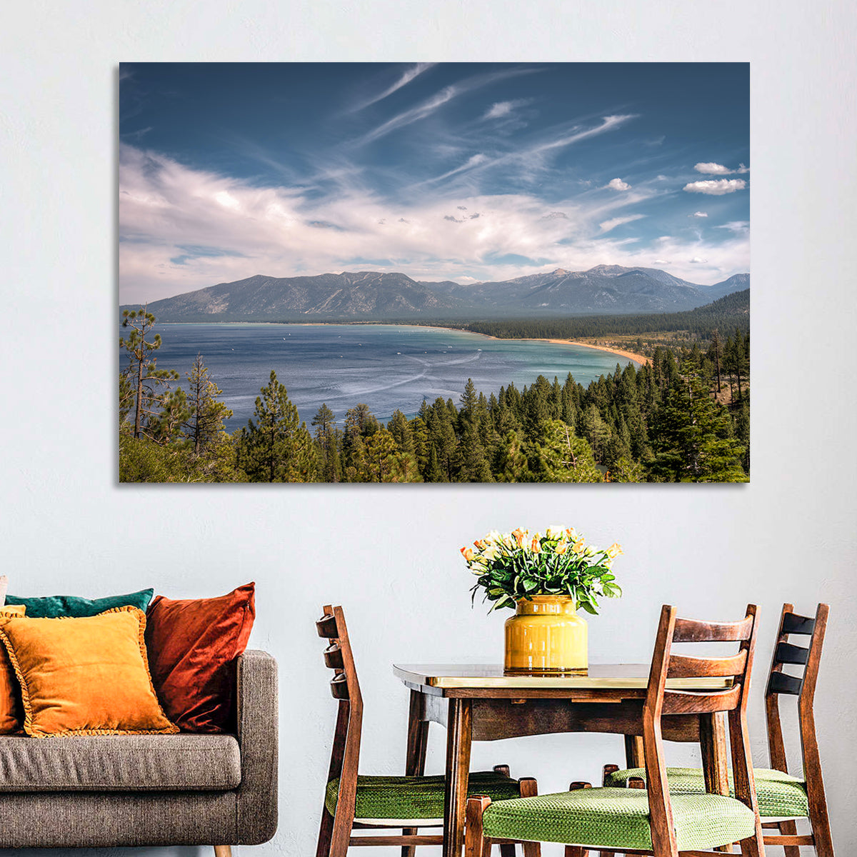 Pines Above a Blue Lake Wall Art in a room, landscape