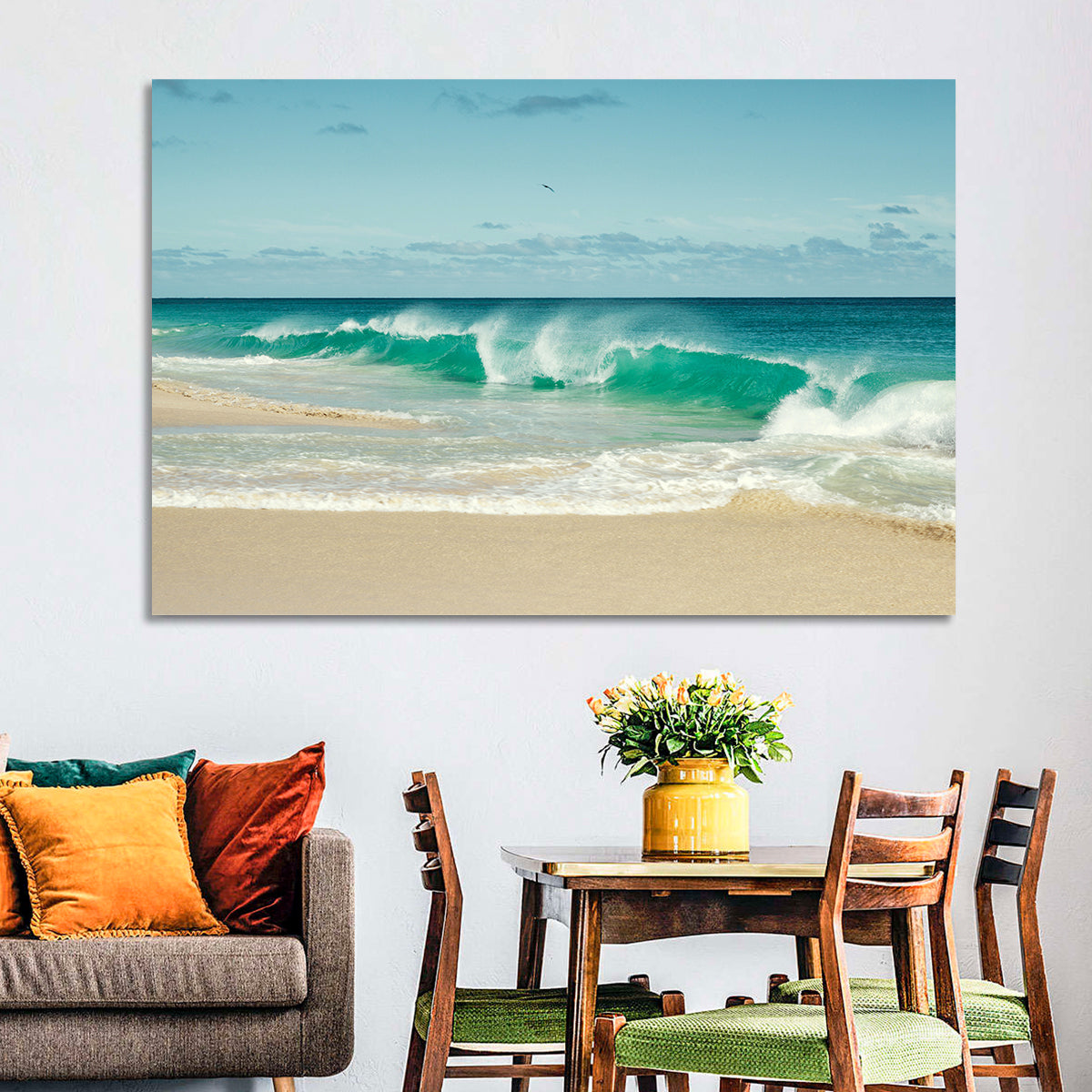Turquoise Wave on Sandy Beach Wall Art in a room, landscape