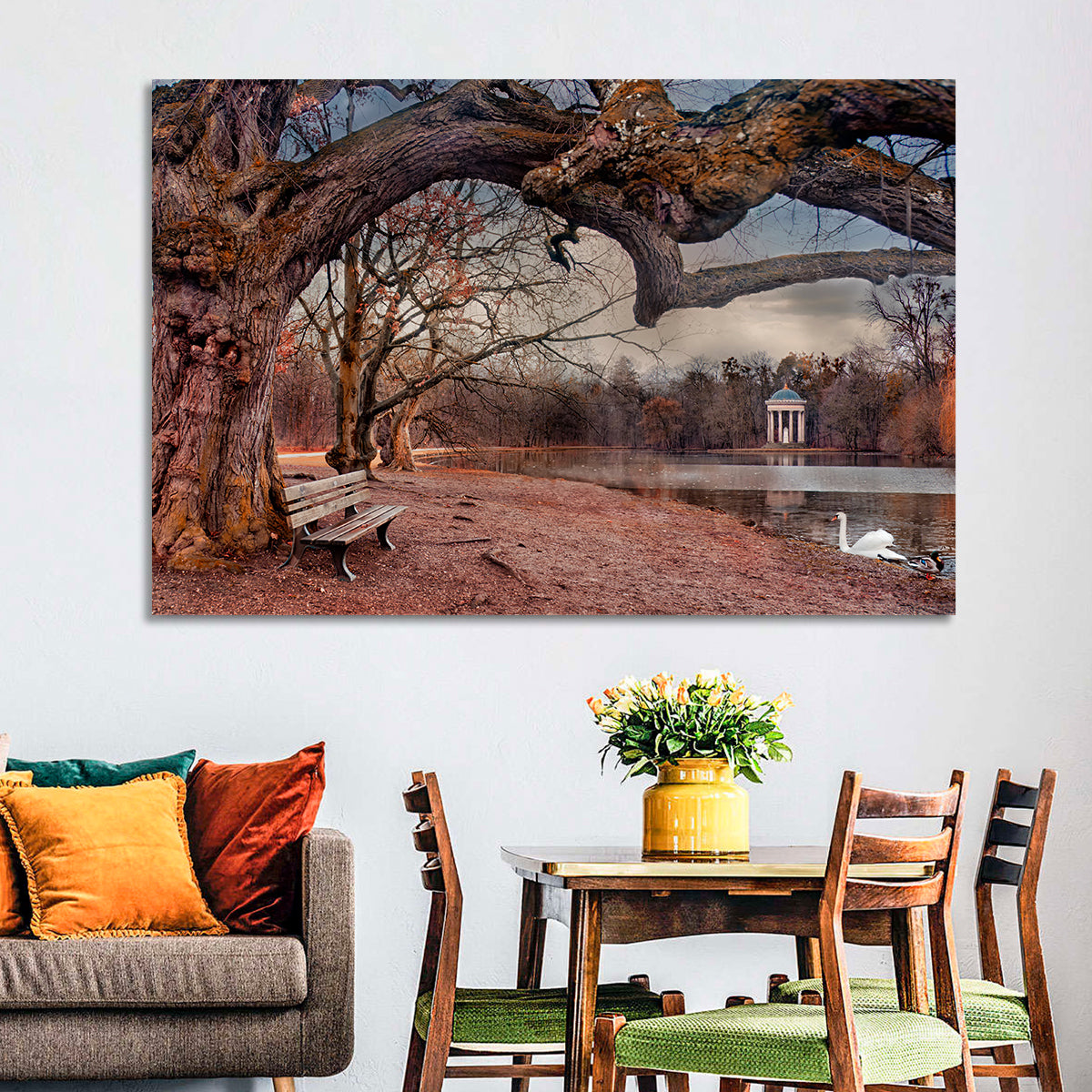 Autumn Pavilion with Swan Wall Art in a room, landscape