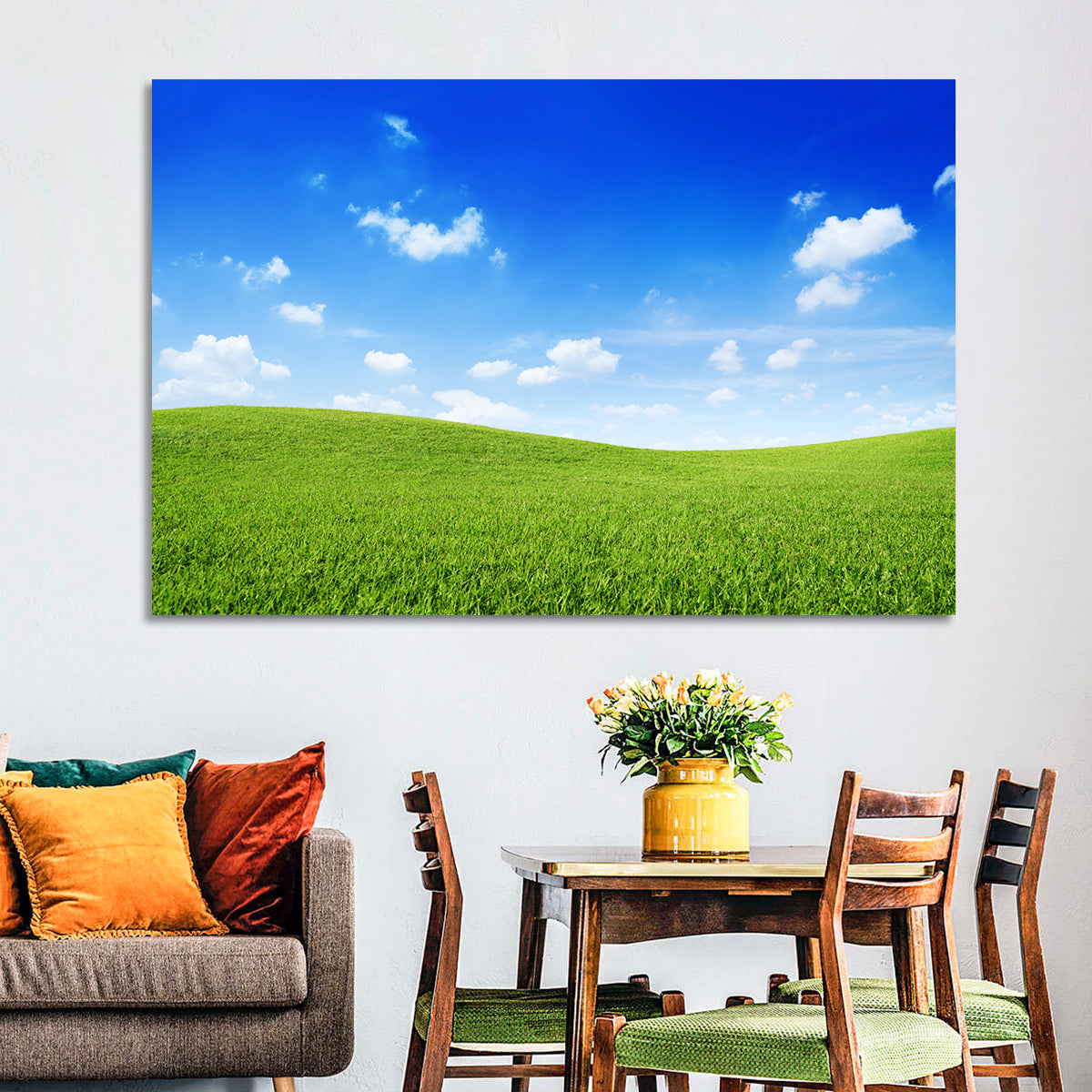 Rolling Green Meadow Under Blue Sky Wall Art in a room, landscape