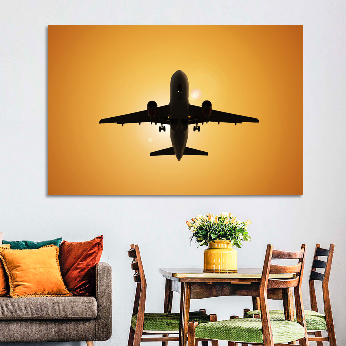 Sunset Jet Silhouette Wall Art in a room, landscape