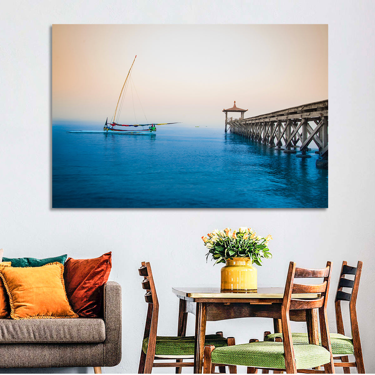 Outrigger Boat and Pier Wall Art in a room, landscape
