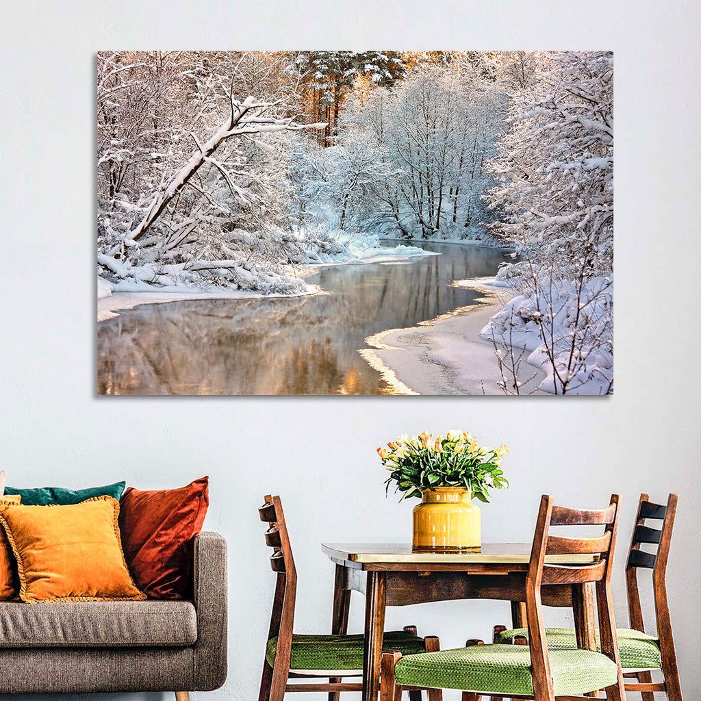 Snow-covered Stream at Golden Hour Wall Art