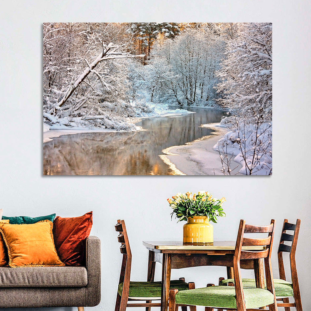 Snow-covered Stream at Golden Hour Wall Art in a room, landscape