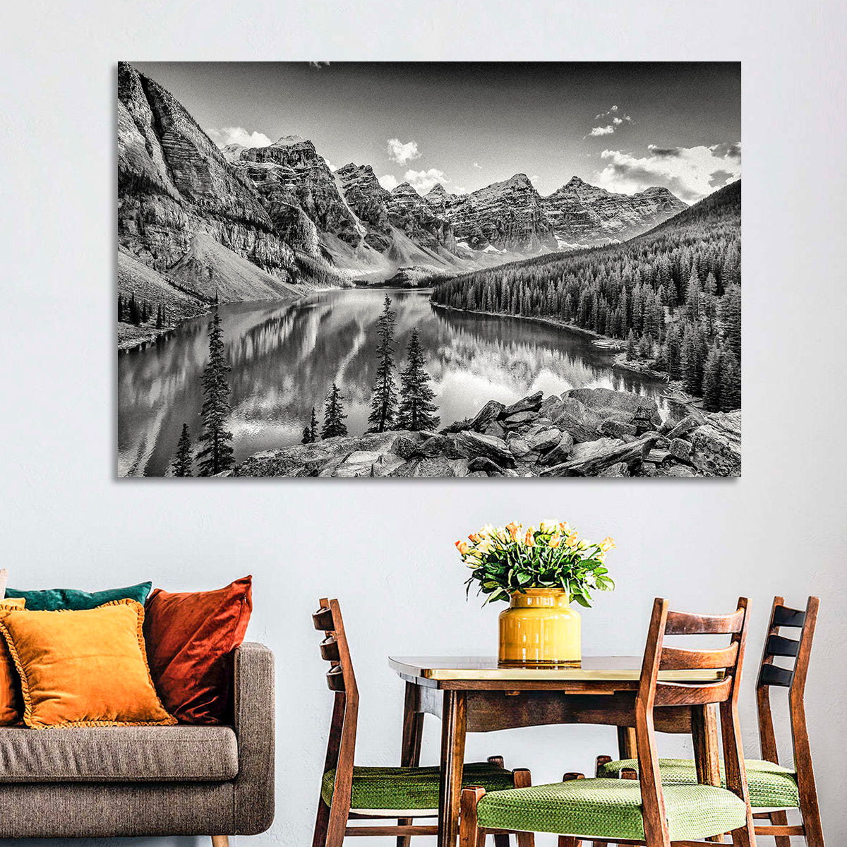 Moraine Lake Monochrome Mountain Landscape Wall Art in a room, landscape