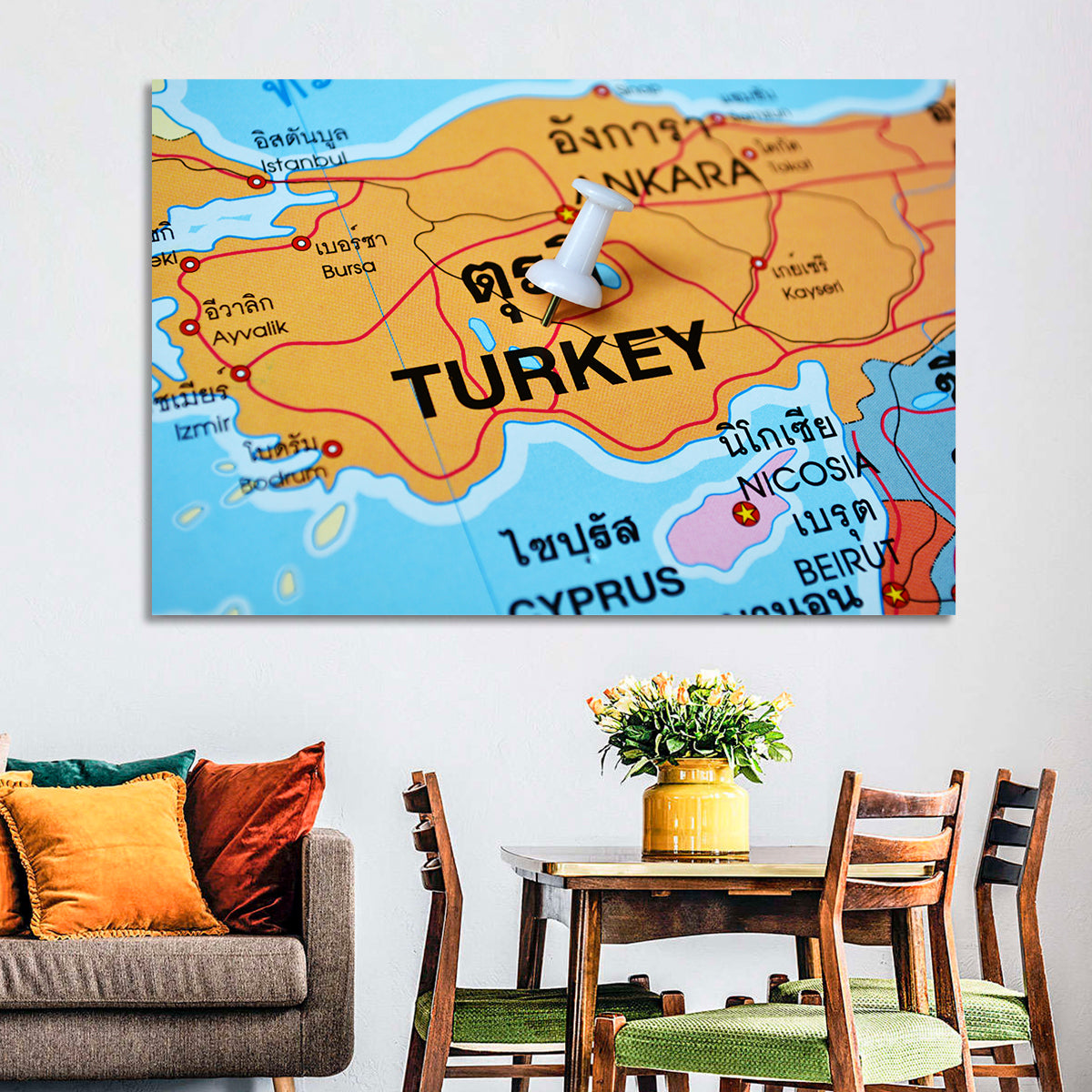 Turkey Map with Ankara Pin Wall Art in a room, landscape