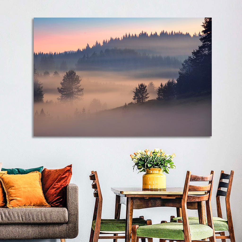 Misty Sunrise Forest Wall Art