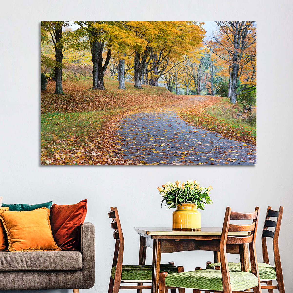 Autumn Road with Golden Canopy Wall Art in a room, landscape