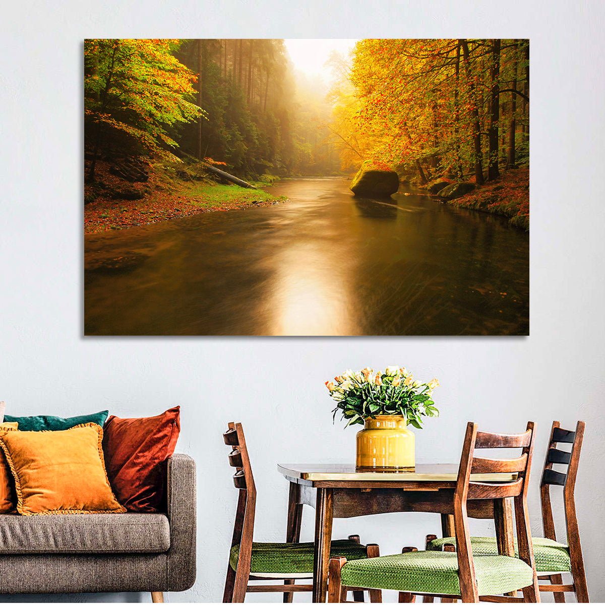 Misty Mountain River Wall Art in a room, landscape