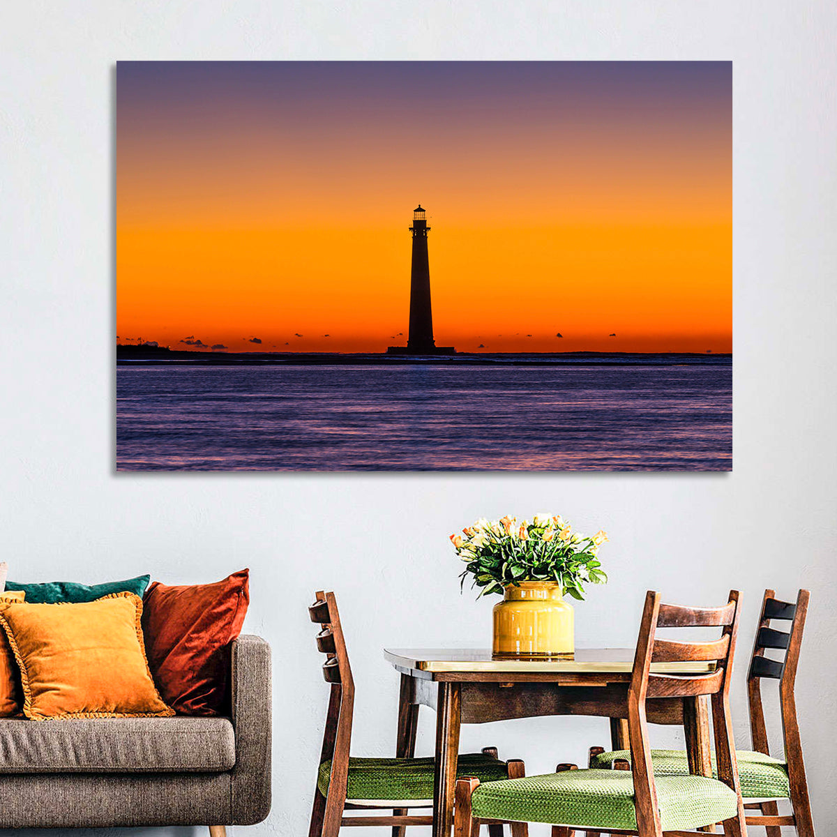 Minimalist Lighthouse Silhouette at Twilight Wall Art in a room, landscape