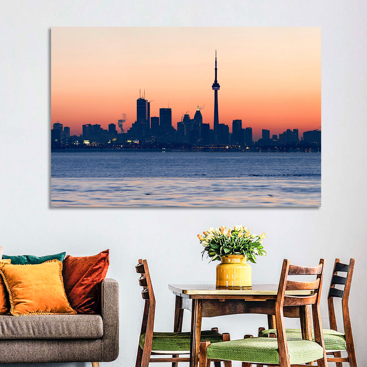 Toronto Dusk Skyline with Cn Tower Wall Art in a room, landscape