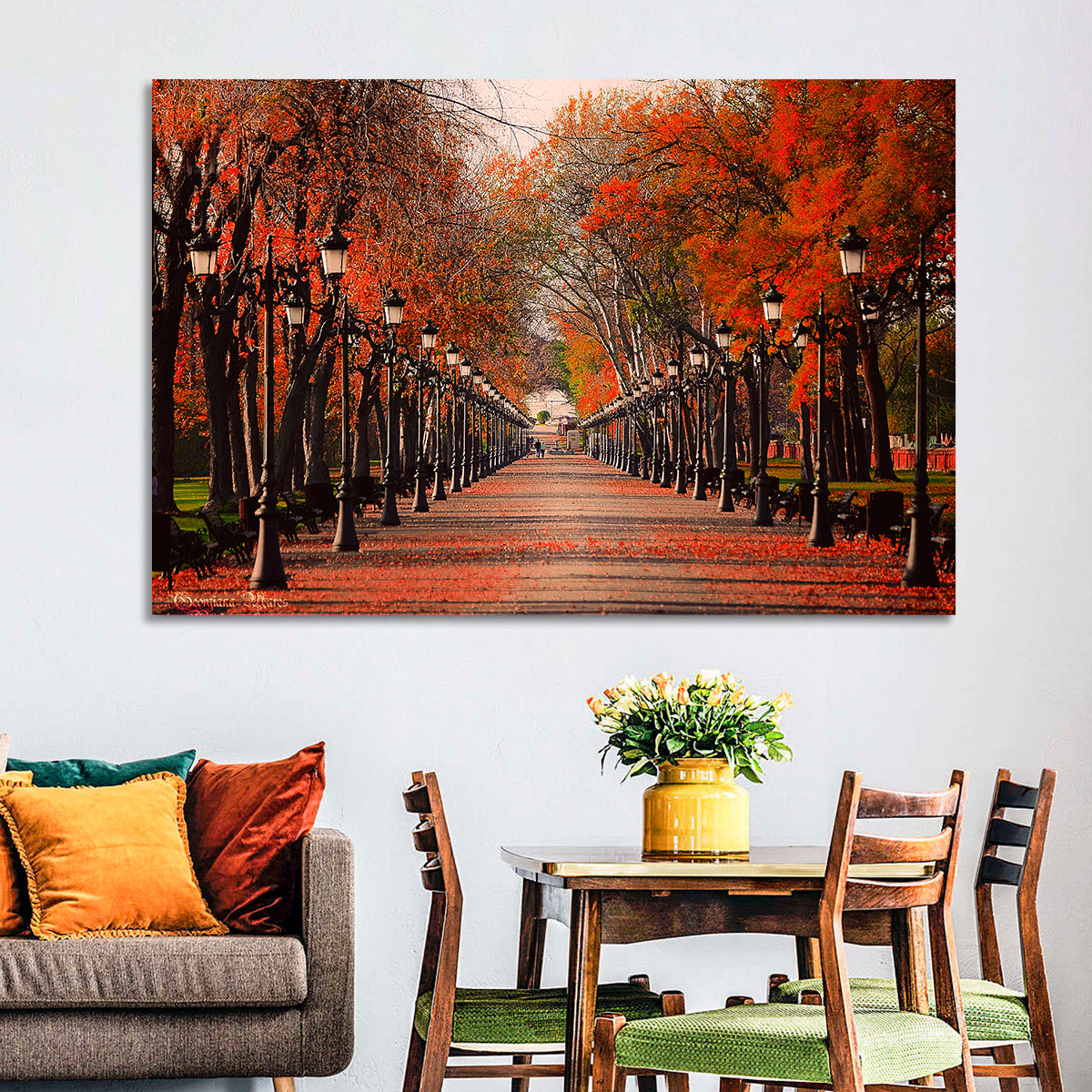 Autumn Park Path with Vintage Lampposts Wall Art