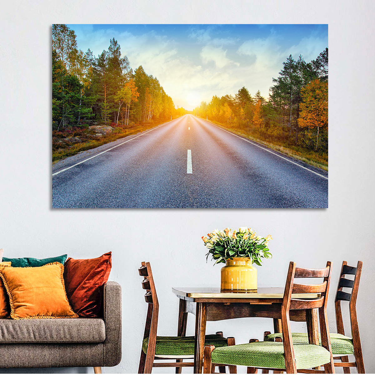 Sunlit Autumn Forest Road Wall Art in a room, landscape