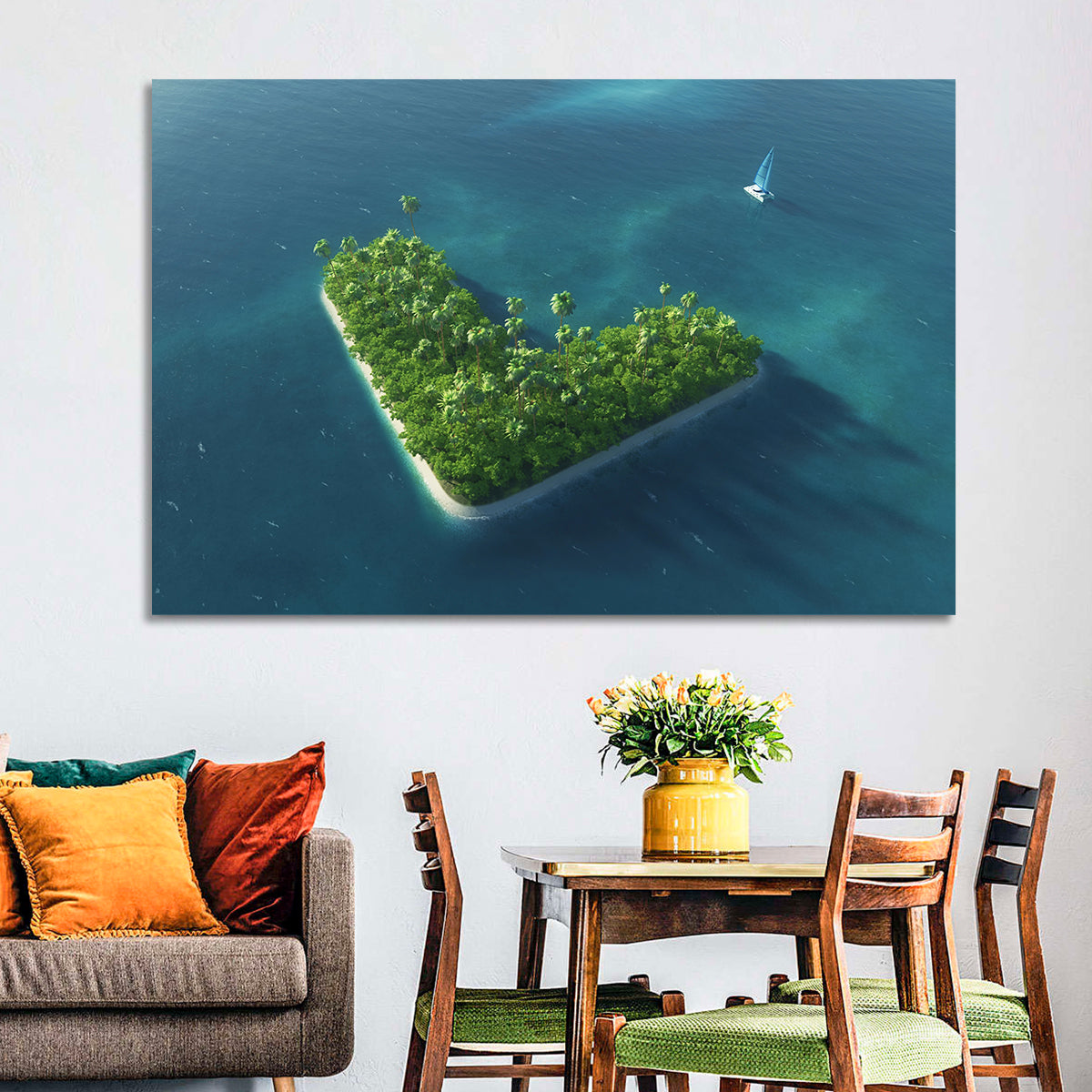 V-shaped Tropical Island with Distant Catamaran Wall Art in a room, landscape
