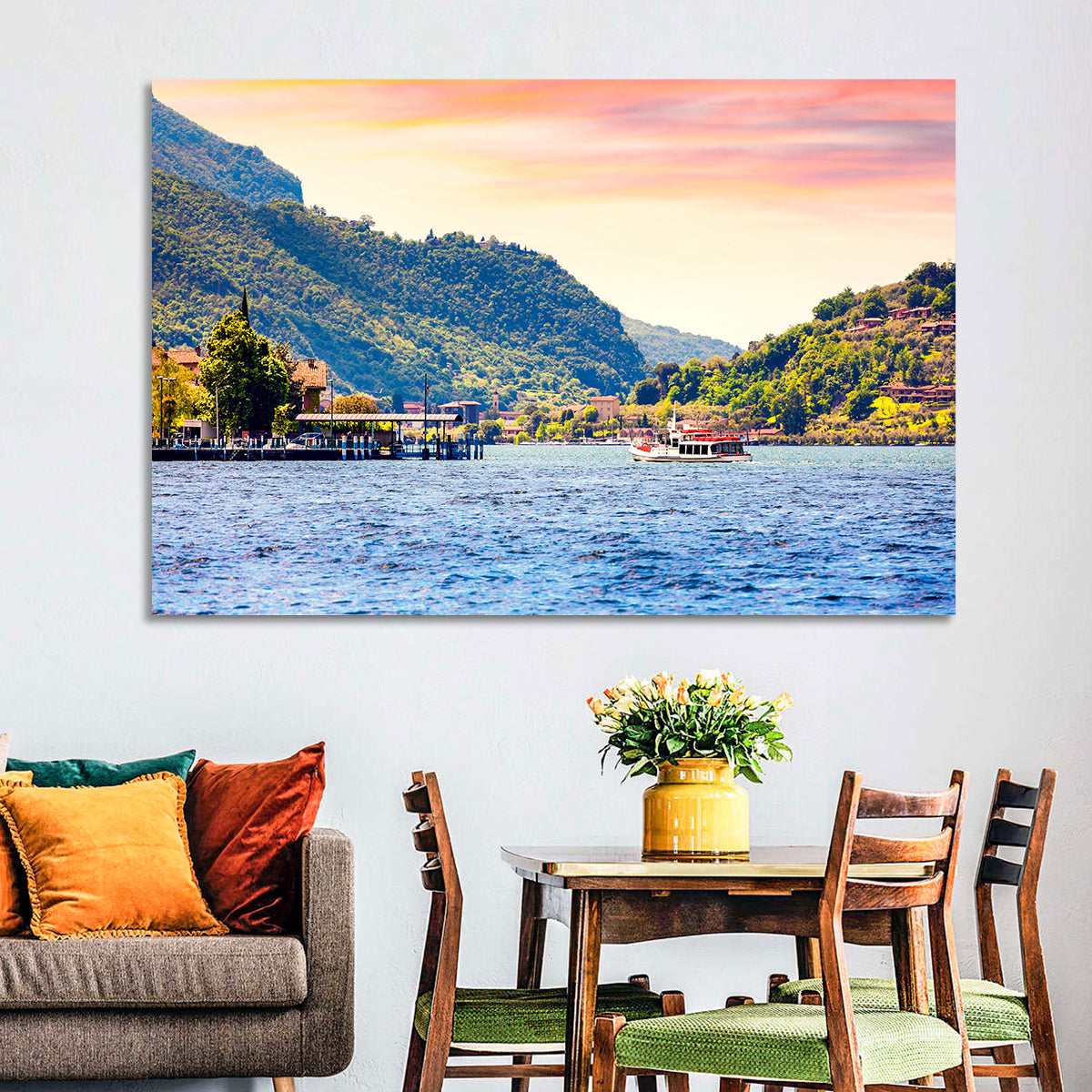 Lake Iseo Morning Harbor Wall Art in a room, landscape