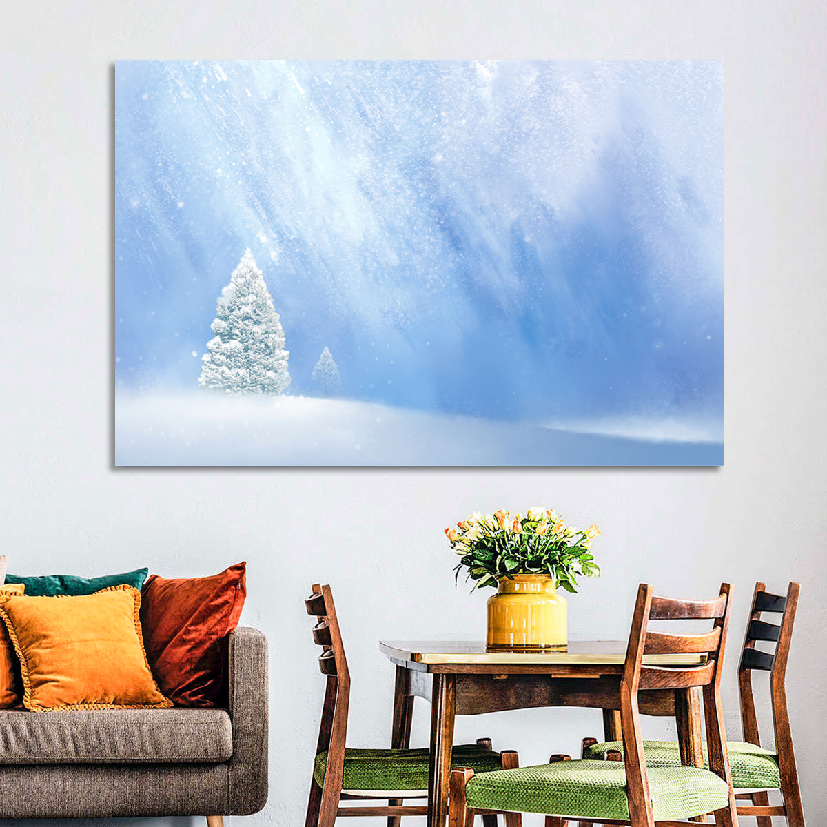 Two Snowy Evergreens Wall Art in a room, landscape