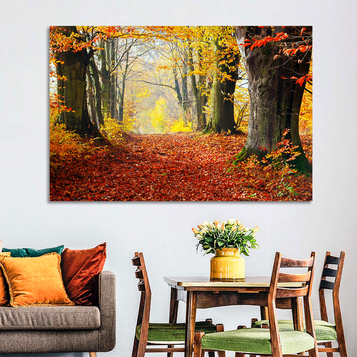 Misty Autumn Forest Path Wall Art in a room, landscape