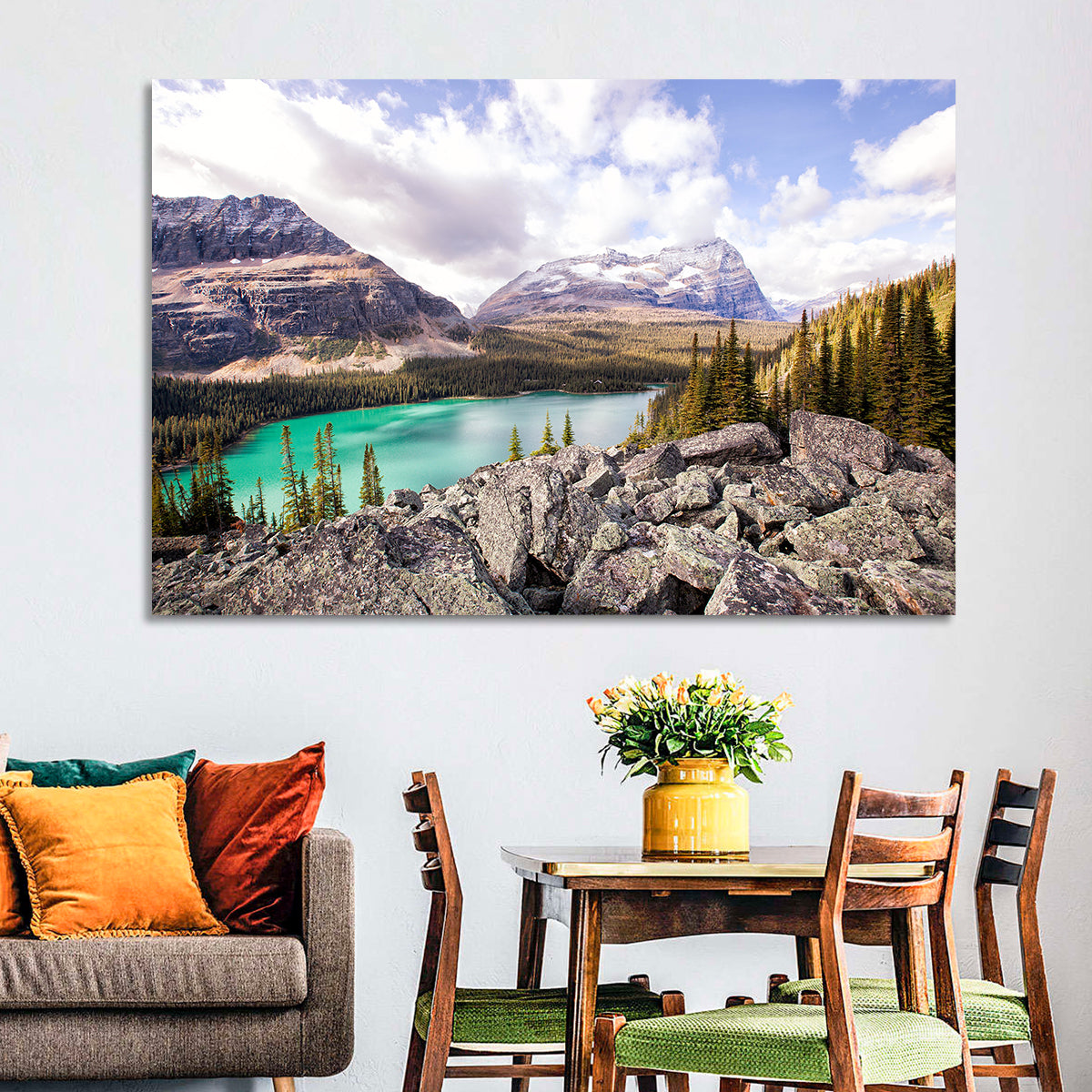 Lake Ohara Rocky Shore Wall Art in a room, landscape