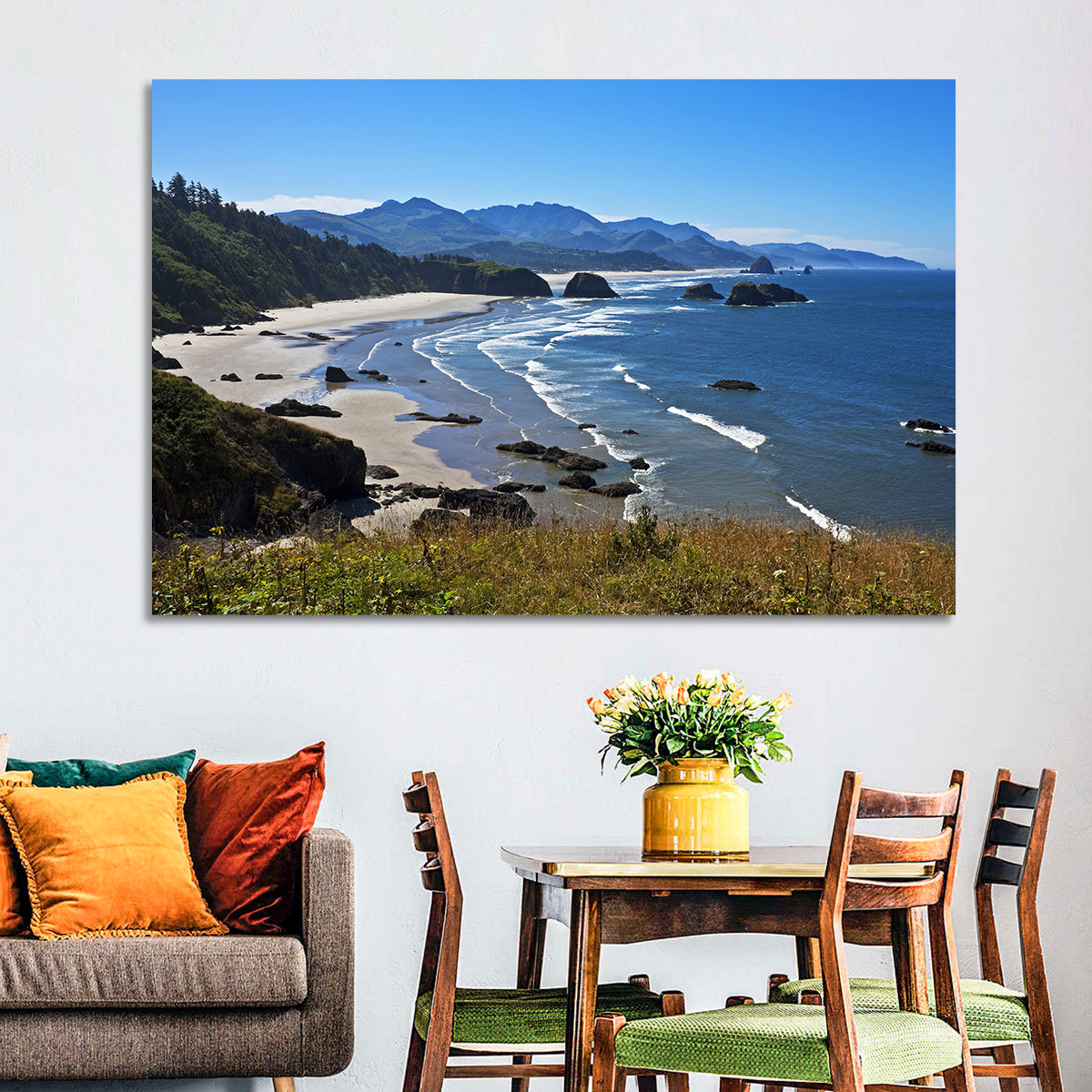 Cannon Beach Morning Shoreline Wall Art in a room, landscape