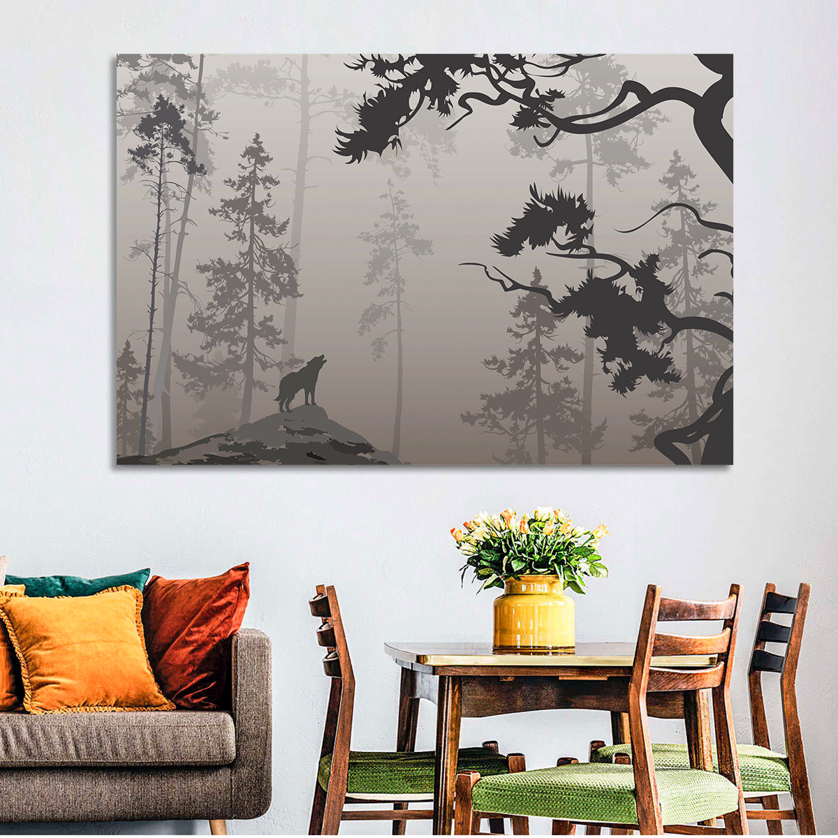 Howling Wolf in Misty Forest Wall Art