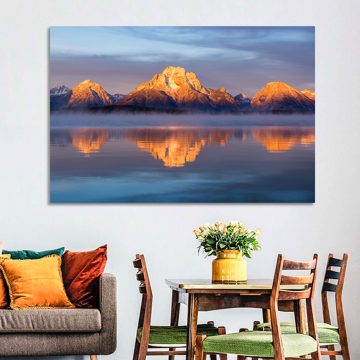 Mount Moran Sunrise Over Jackson Lake Wall Art in a room, landscape
