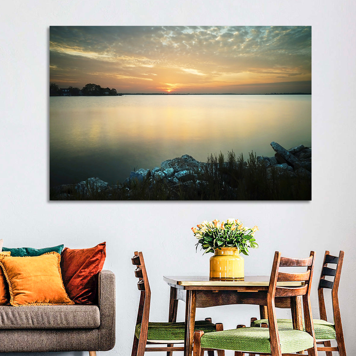 Lake Conroe Sunset Reflection Wall Art in a room, landscape