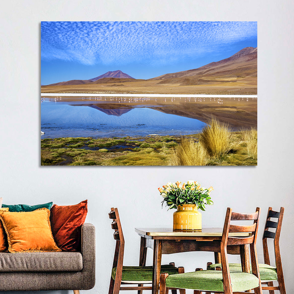 Red Lagoon Flamingo Reflection Wall Art in a room, landscape