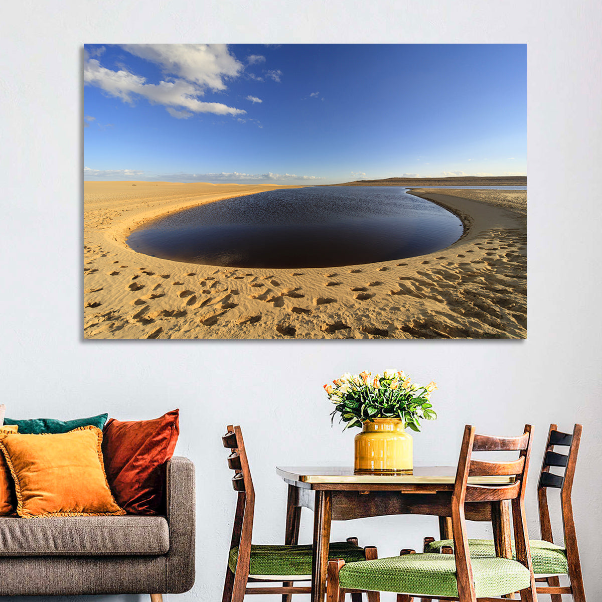 Fayoum Lake Footprints Wall Art in a room, landscape
