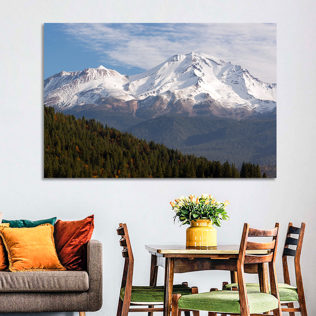 Mount Shasta Snow Peaks Wall Art in a room, landscape