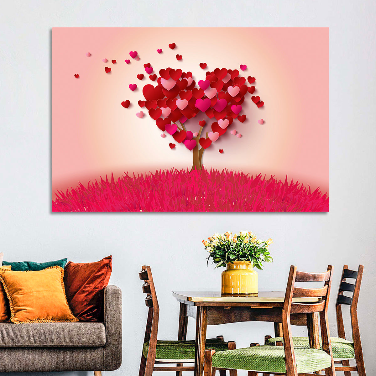 Whimsical Heart Tree Illustration Wall Art in a room, landscape