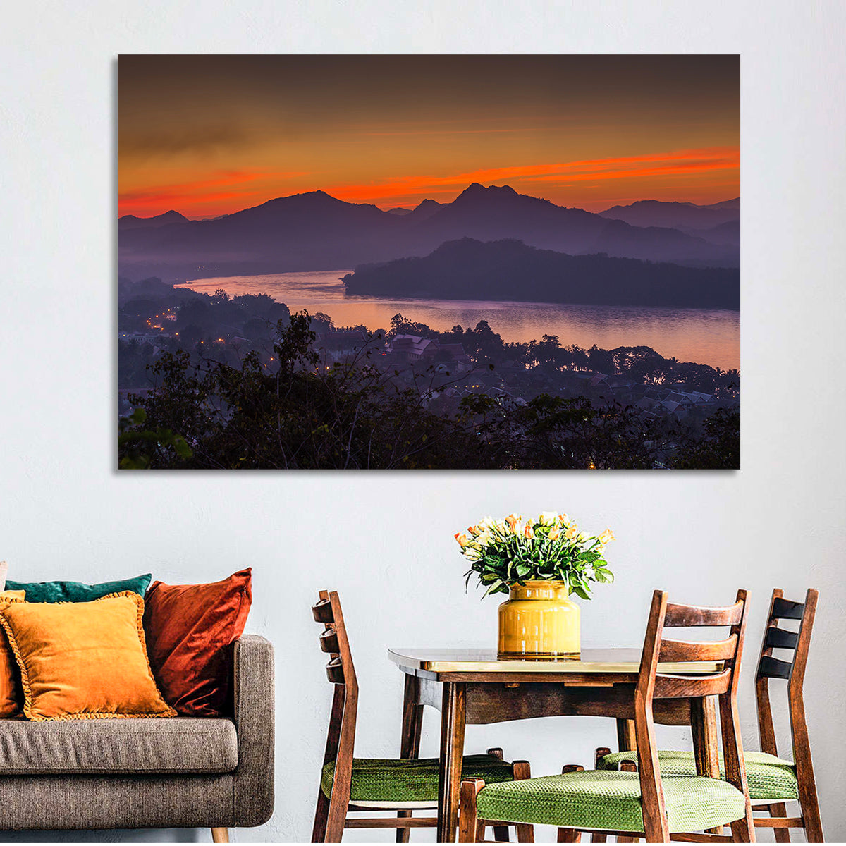 Luang Prabang Sunset Over Mekong Wall Art in a room, landscape