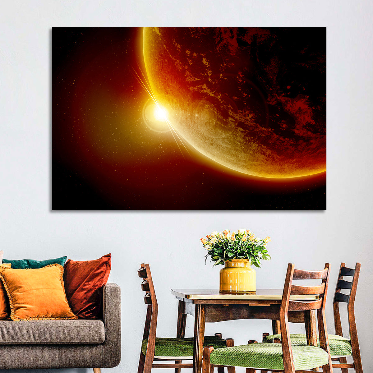 Red Planet Sunrise Limb Flare Wall Art in a room, landscape