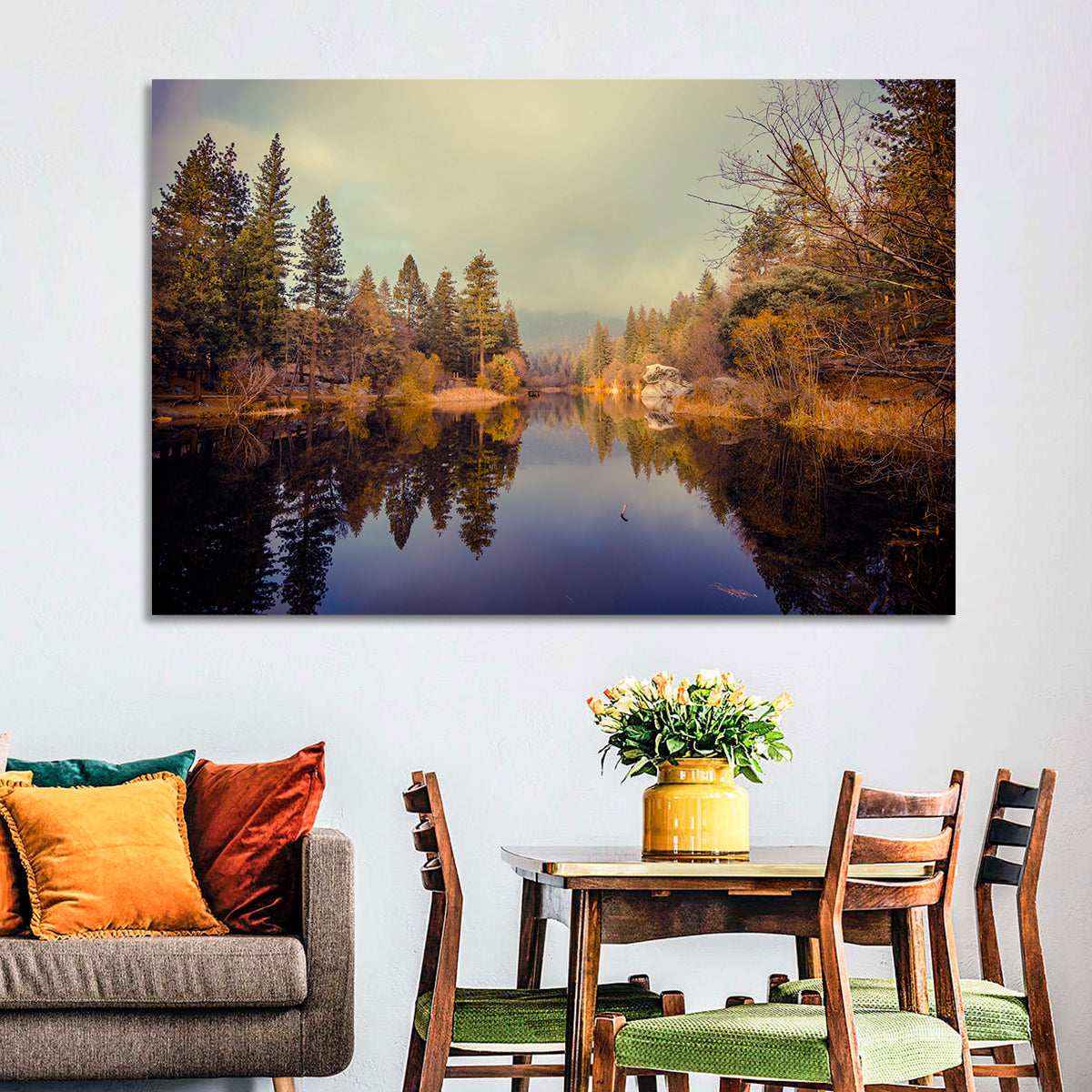 Misty Lake Fulmor Reflection Wall Art in a room, landscape