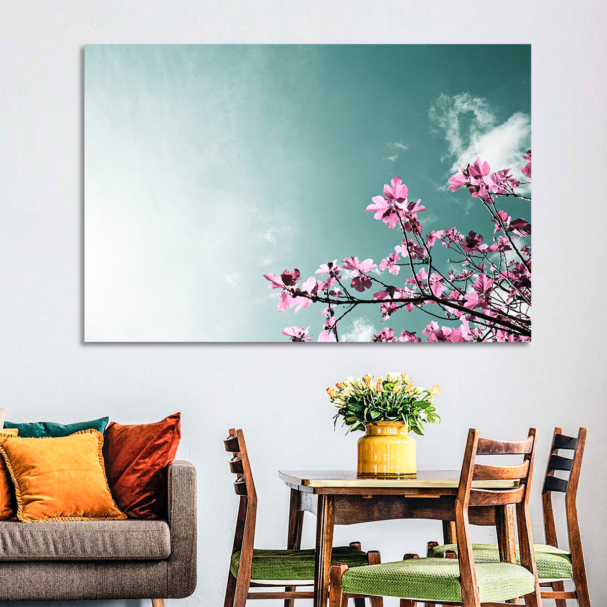 Pink Fig Tree Branches Wall Art in a room, landscape