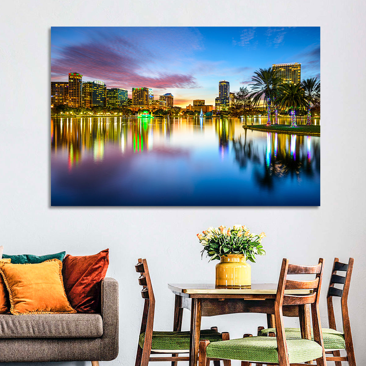 Orlando Lake Eola Skyline Wall Art in a room, landscape