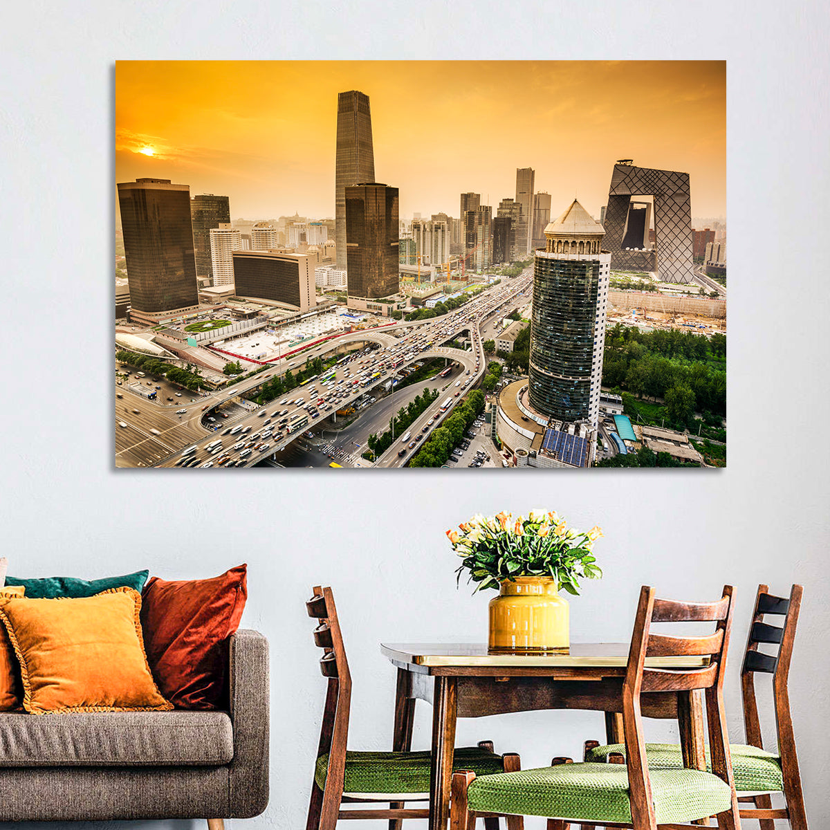 Beijing Cbd Skyline at Sunset Wall Art in a room, landscape