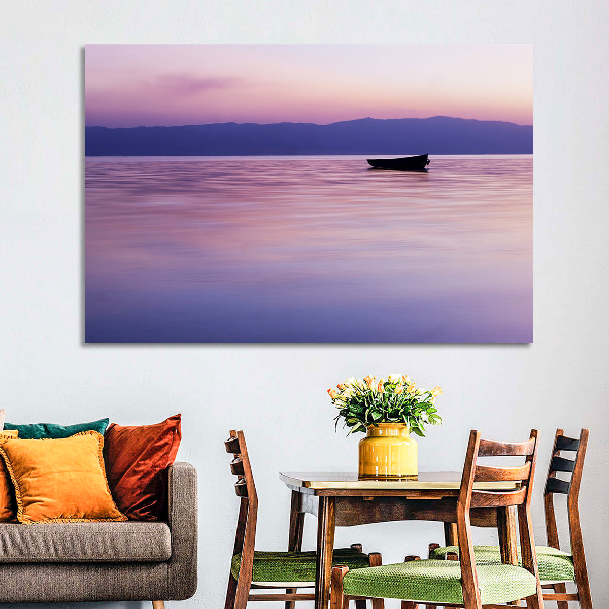 Lavender Lake Ohrid Sunset Wall Art in a room, landscape