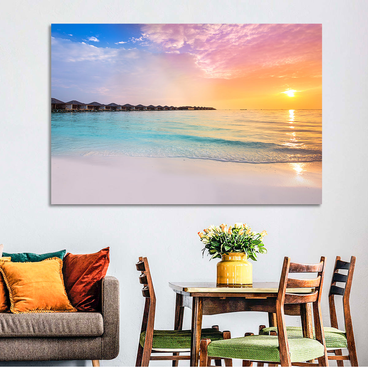 Overwater Bungalows at Sunset Wall Art